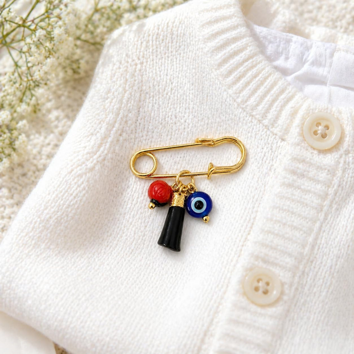 Azabache Pin & Peony Evil Eye Brooch Protection Spiritual Charm Metal Brooch