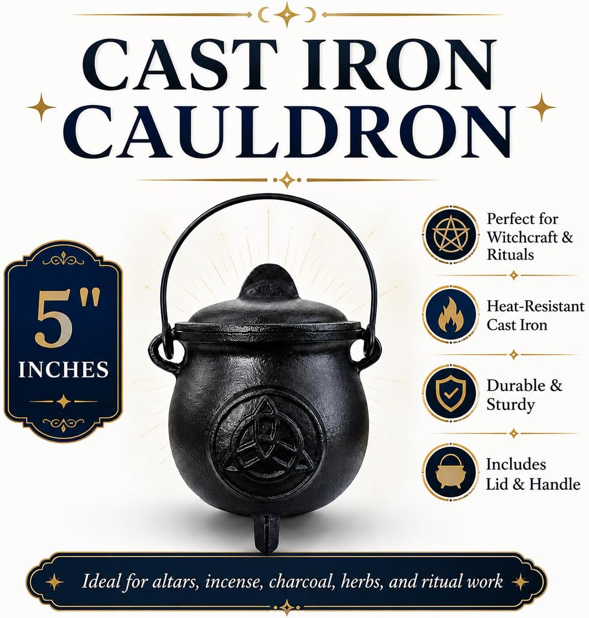 5" Cast Iron Cauldron with Lid and Handle | Ritual Cauldron for Altar, Incense, Charcoal, Herbs, Wit
