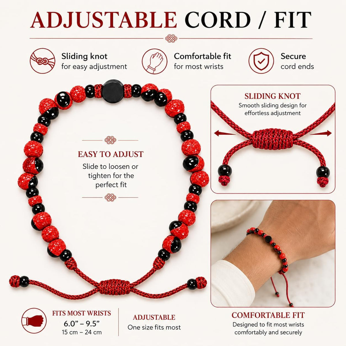 Peony Bracelet with Azabache Red Black Beaded Adjustable Bracelet Spiritual Protection Santeria Reli