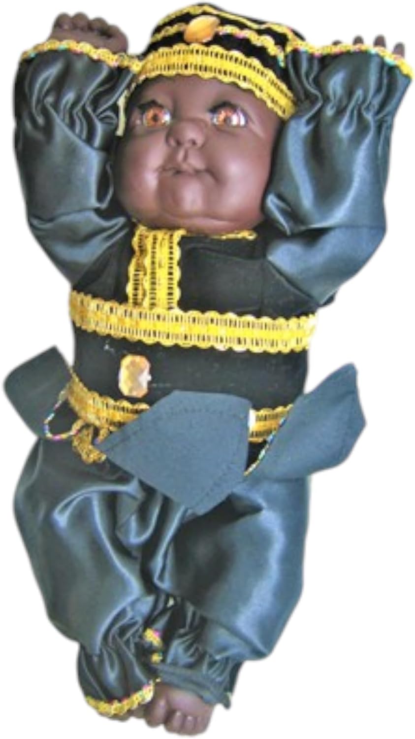 13-Inch Baby Doll Dressed in Black and Gold San Lázaro Outfit - Handcrafted Afro-Caribbean Spiritual