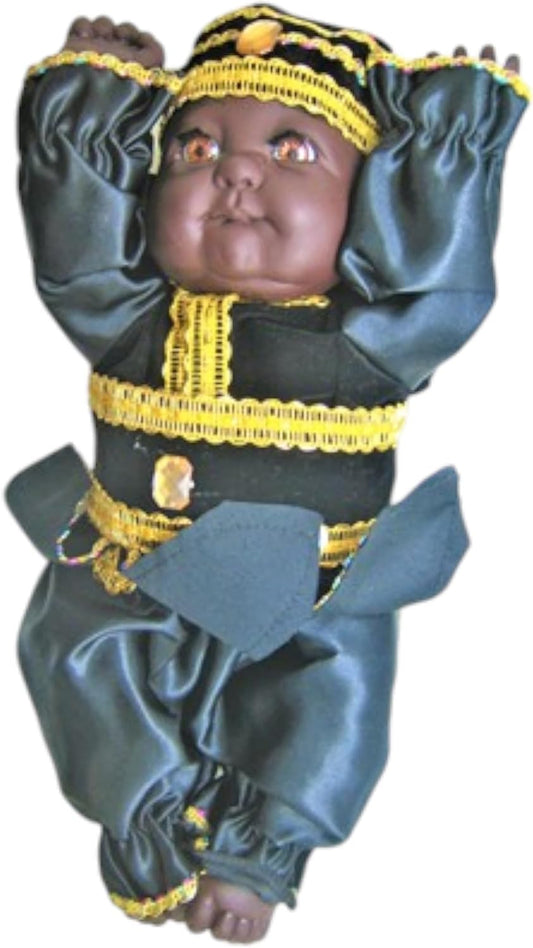 13-Inch Baby Doll Dressed in Black and Gold San Lázaro Outfit - Handcrafted Afro-Caribbean Spiritual