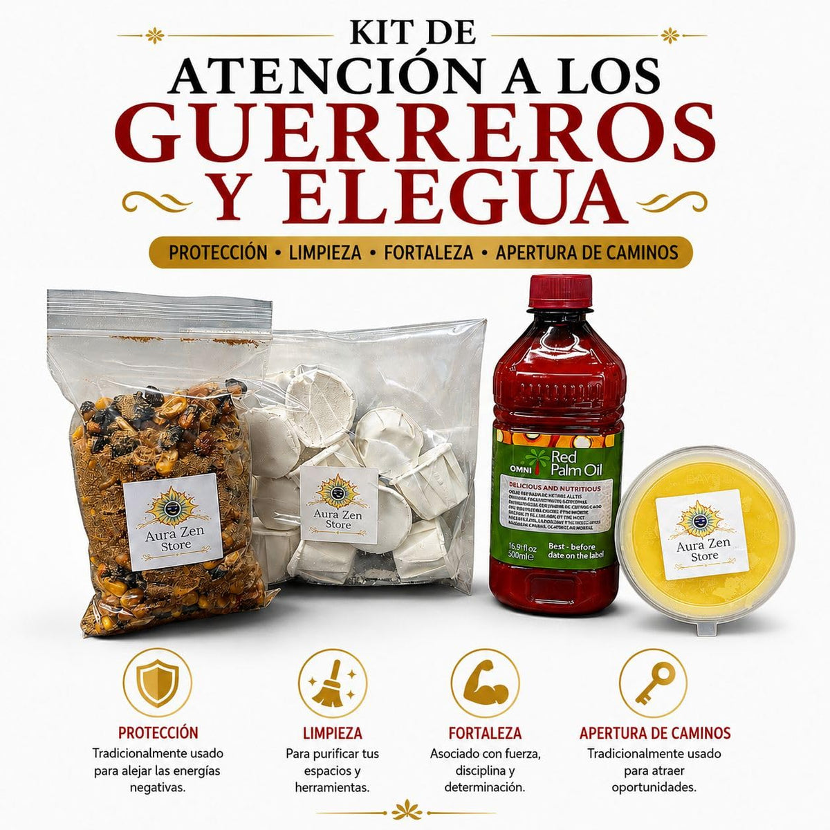 Kit Guerreros y Elegua Santeria Ifa Yoruba – Eku Maiz, Manteca de Corojo 500 ml, Cascarilla 10 pcs, 