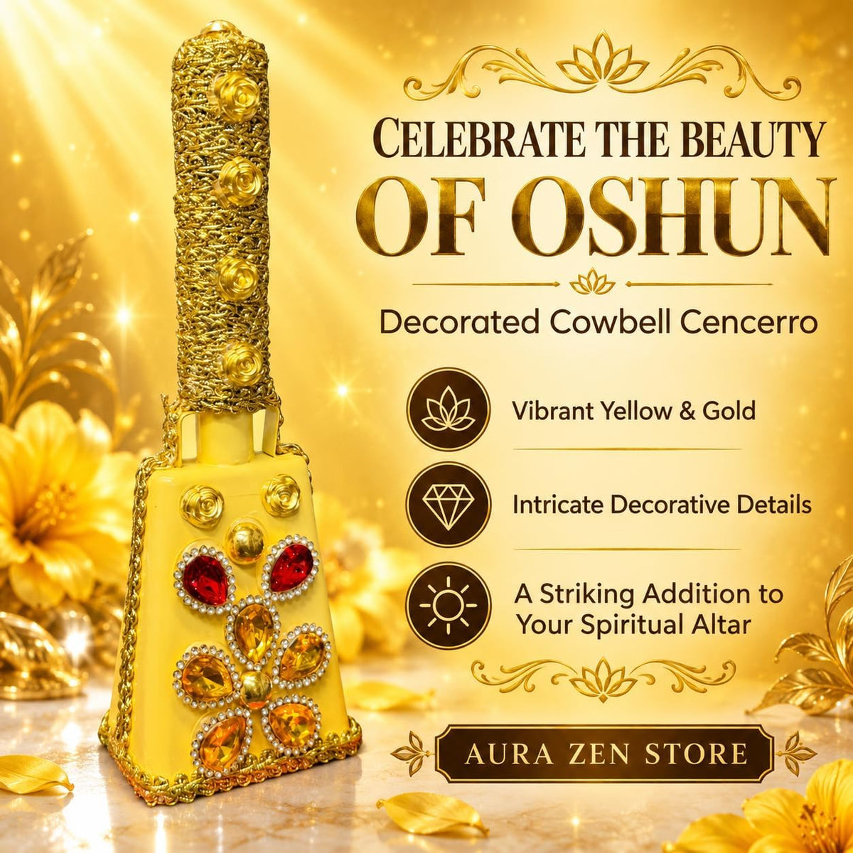 Decorated Oshun Cowbell Cencerro with Handle - Yellow and Gold Yoruba Santeria Spiritual Altar Bell