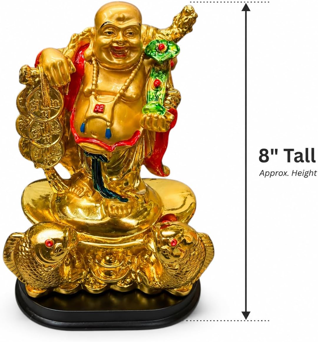 Golden Laughing Buddha Statue 8" with Money Bag & Fish Base | Feng Shui Wealth Buddha Figurine for H