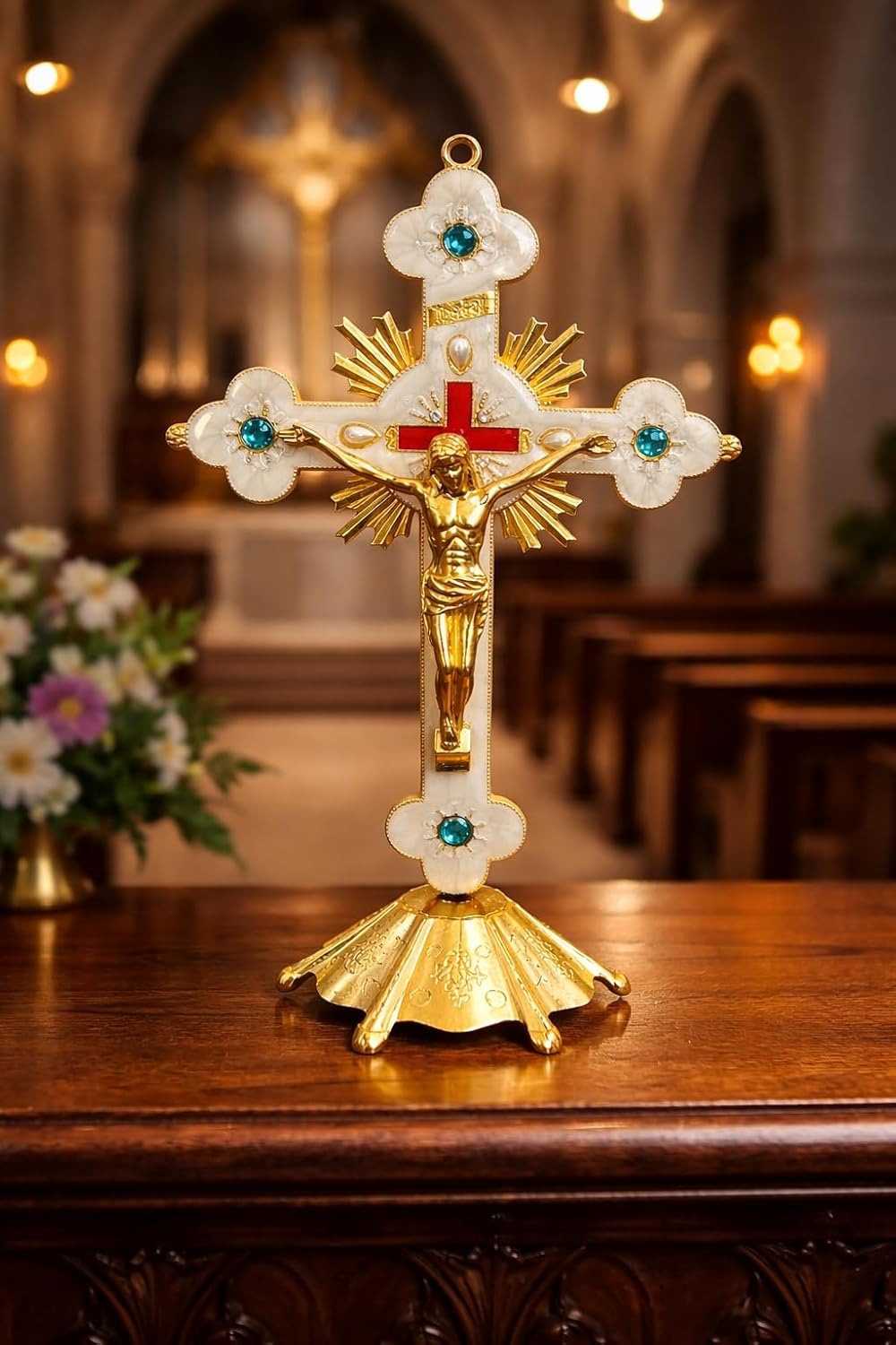 Aura Zen Store Crucifix 9 Inch Desk - Wall Cross with Stand Base - Gold & White Catholic with Jesus 