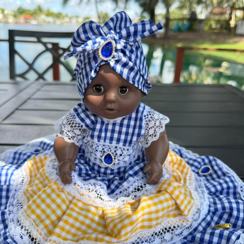 Small Muneca Conga Yoruba Spiritual Altar Decoration Santeria Style with Blue and Yellow Gingham Dre