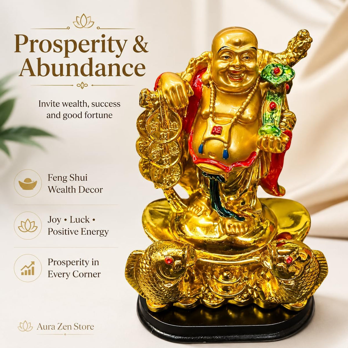 Golden Laughing Buddha Statue 8" with Money Bag & Fish Base | Feng Shui Wealth Buddha Figurine for H