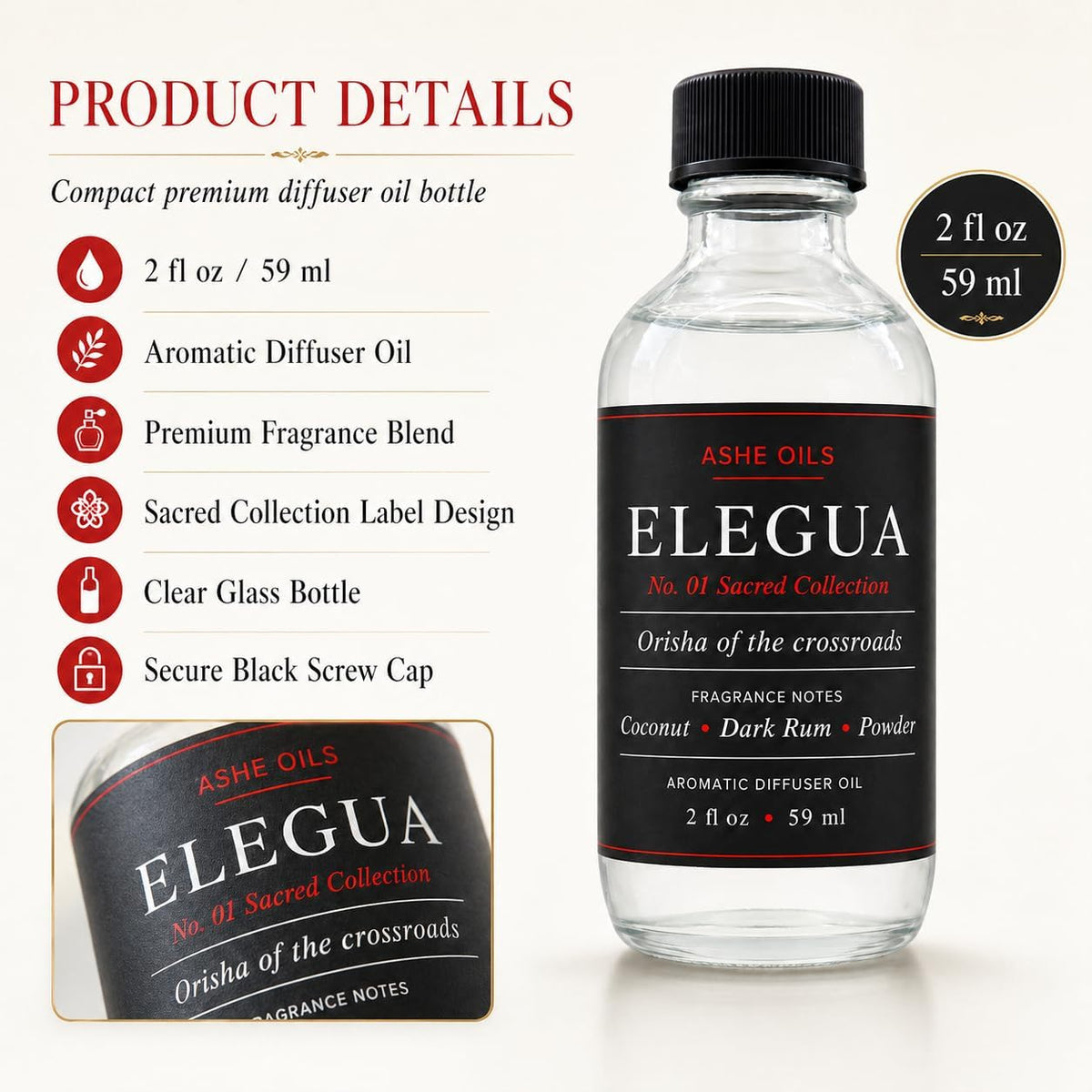 ELEGUA Aromatic Diffuser Oil, Coconut Fragrance, 2 fl oz / 59 ml, Sacred Collection Home Fragrance O