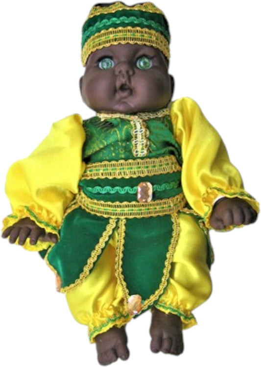 13-Inch Baby Doll Dressed in Green and Yellow Orula Outfit - Handcrafted Afro-Caribbean Santeria Ori