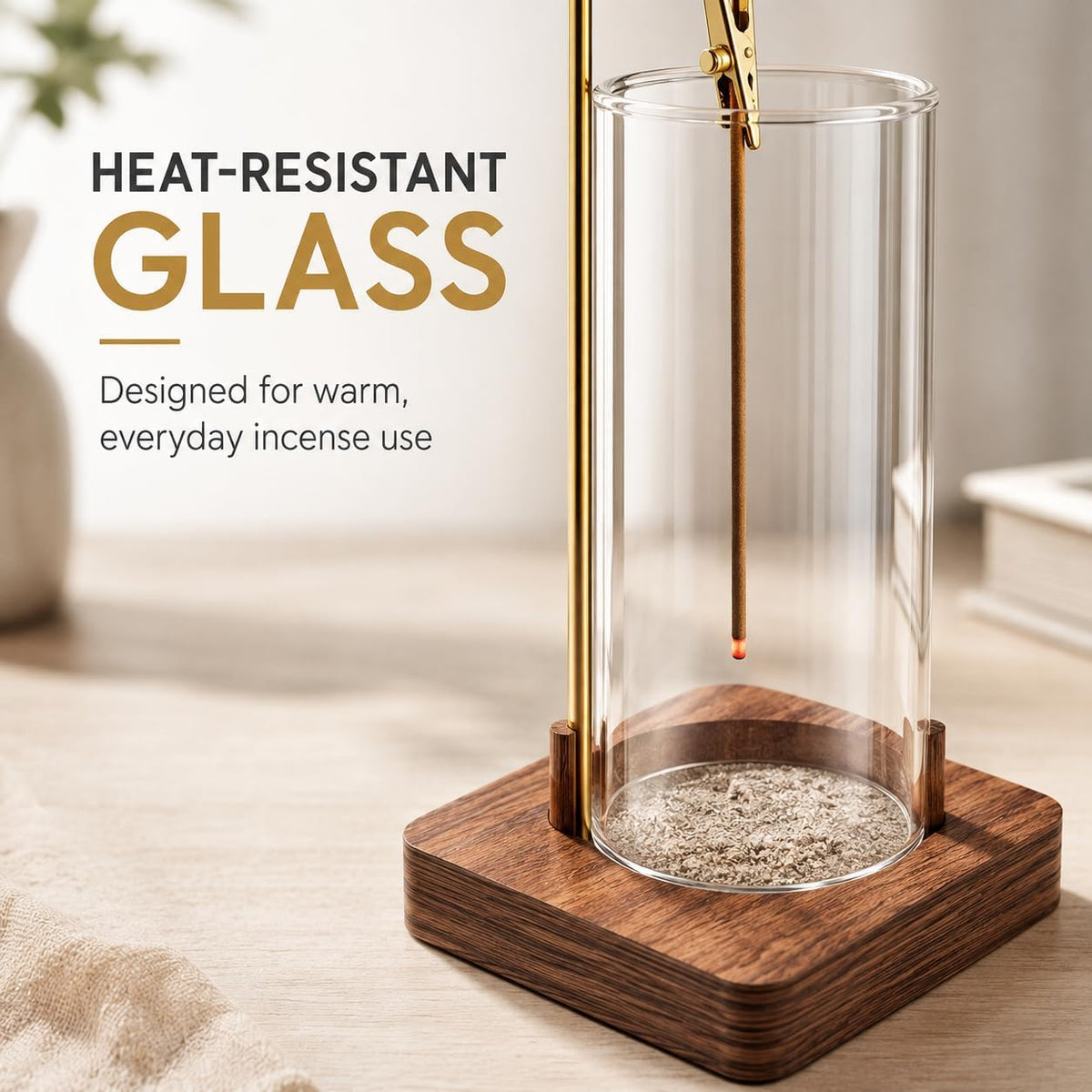 Incense Stick Holder with Ash Catcher, Removable Glass Cylinder and Wooden Base, Mess-Free Incense B