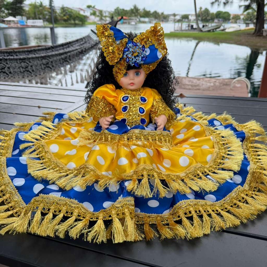 Yellow and Blue Gitana Muneca Spiritual – Yoruba Altar Decor with Gold Fringe Dress and Decorative H