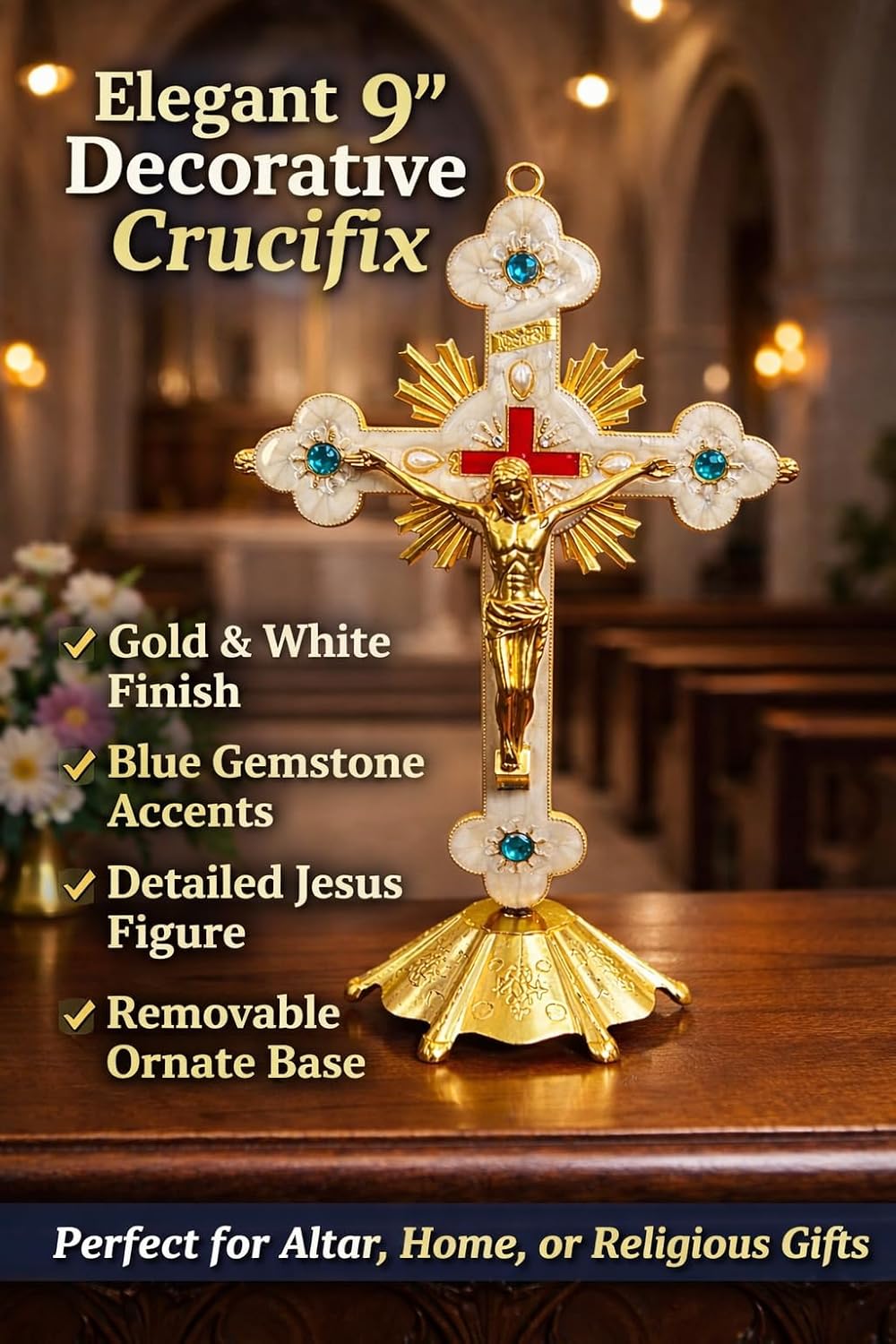 Aura Zen Store Crucifix 9 Inch Desk - Wall Cross with Stand Base - Gold & White Catholic with Jesus 