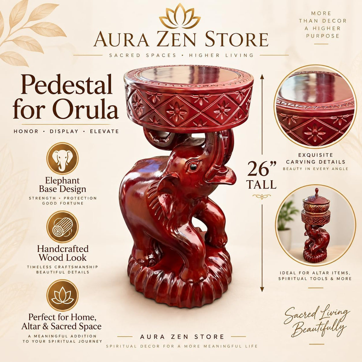 26-Inch Elephant Pilon Pedestal – Hand-Carved Wooden Spiritual Altar Stand, Decorative Elephant Tabl