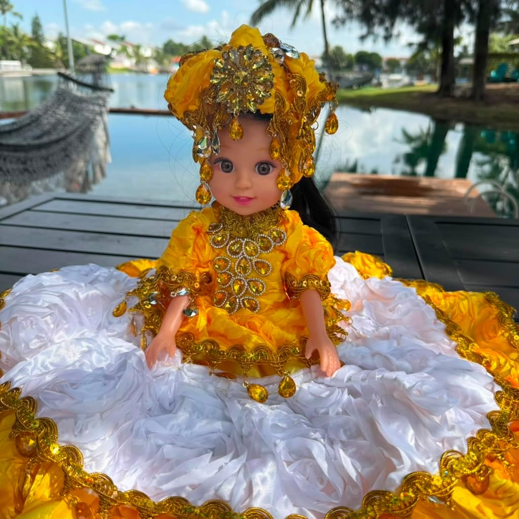 12-Inch Yoruba Gitana Muneca – Yellow and White Spiritual Altar Decor Figure
