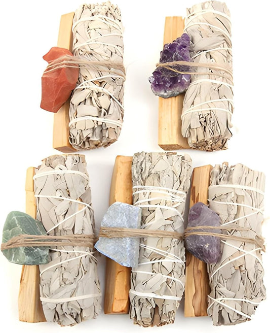 Premium California White Sage (1) & Palo Santo Smudge Sticks (1) with Healing Crystals (1) - Natural Energy Cleansing for Home.