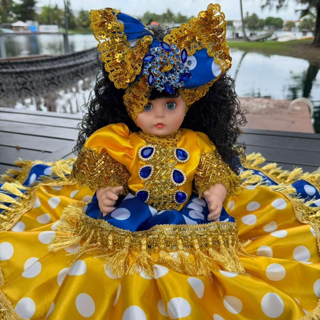 Yellow and Blue Gitana Muneca Spiritual – Yoruba Altar Decor with Gold Fringe Dress and Decorative H
