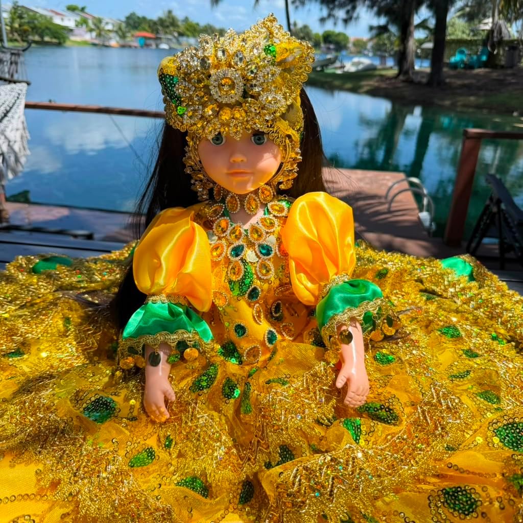 26" Yoruba Gitana Muneca – Spiritual Santeria Altar Decor, Gold Green