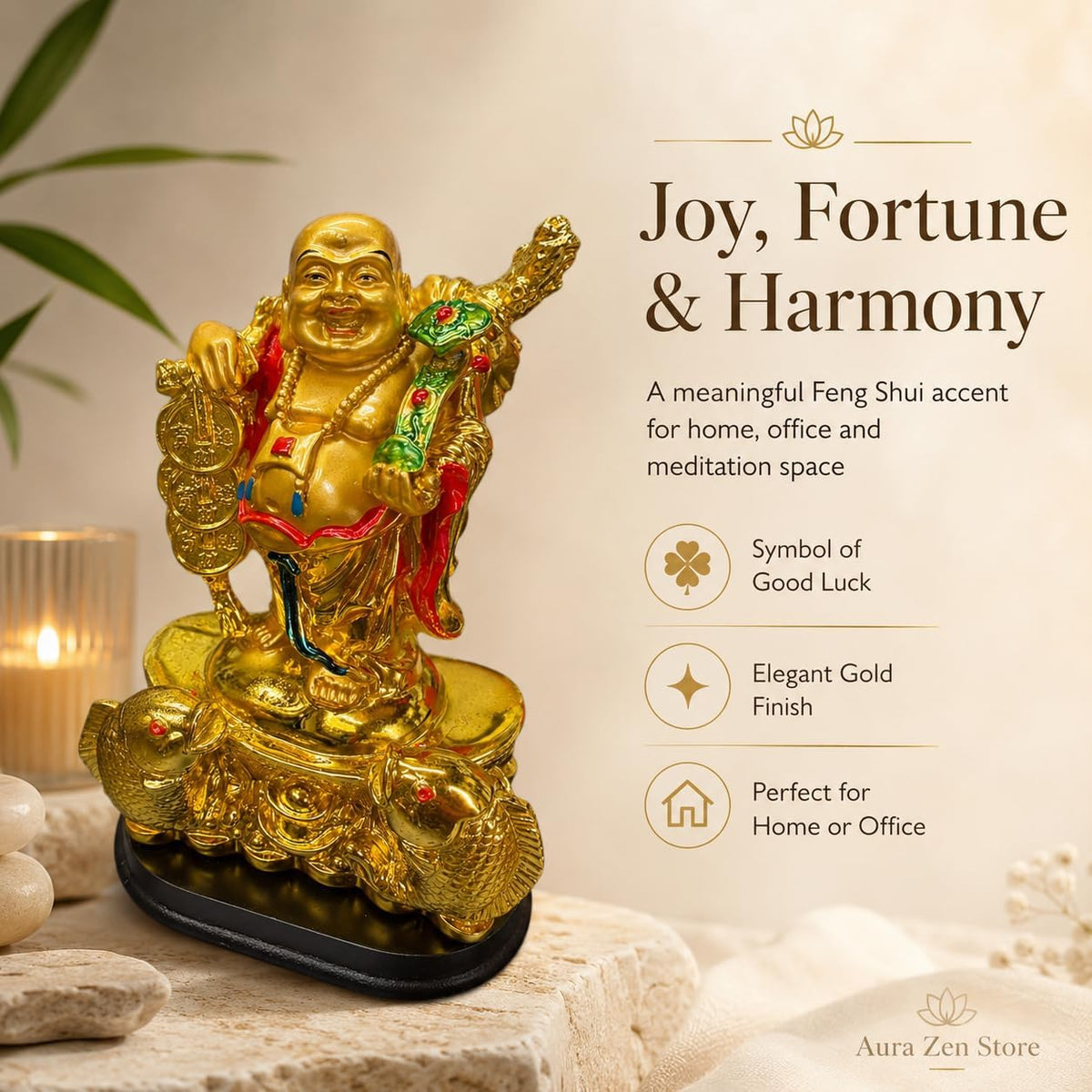 Golden Laughing Buddha Statue 8" with Money Bag & Fish Base | Feng Shui Wealth Buddha Figurine for H