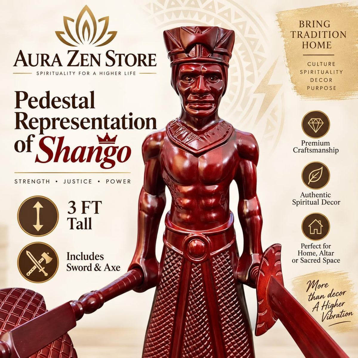 36-Inch Chango Pedestal Statue – Yoruba Santeria Spiritual Altar Stand with Sword & Axe, Hand-Carved