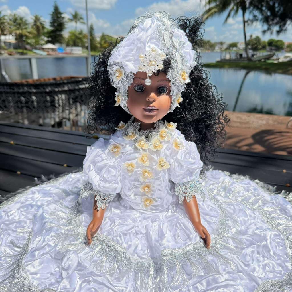 Spiritual Muneca 21 Inch White Silver Altar Decor Yoruba Santeria Gitana