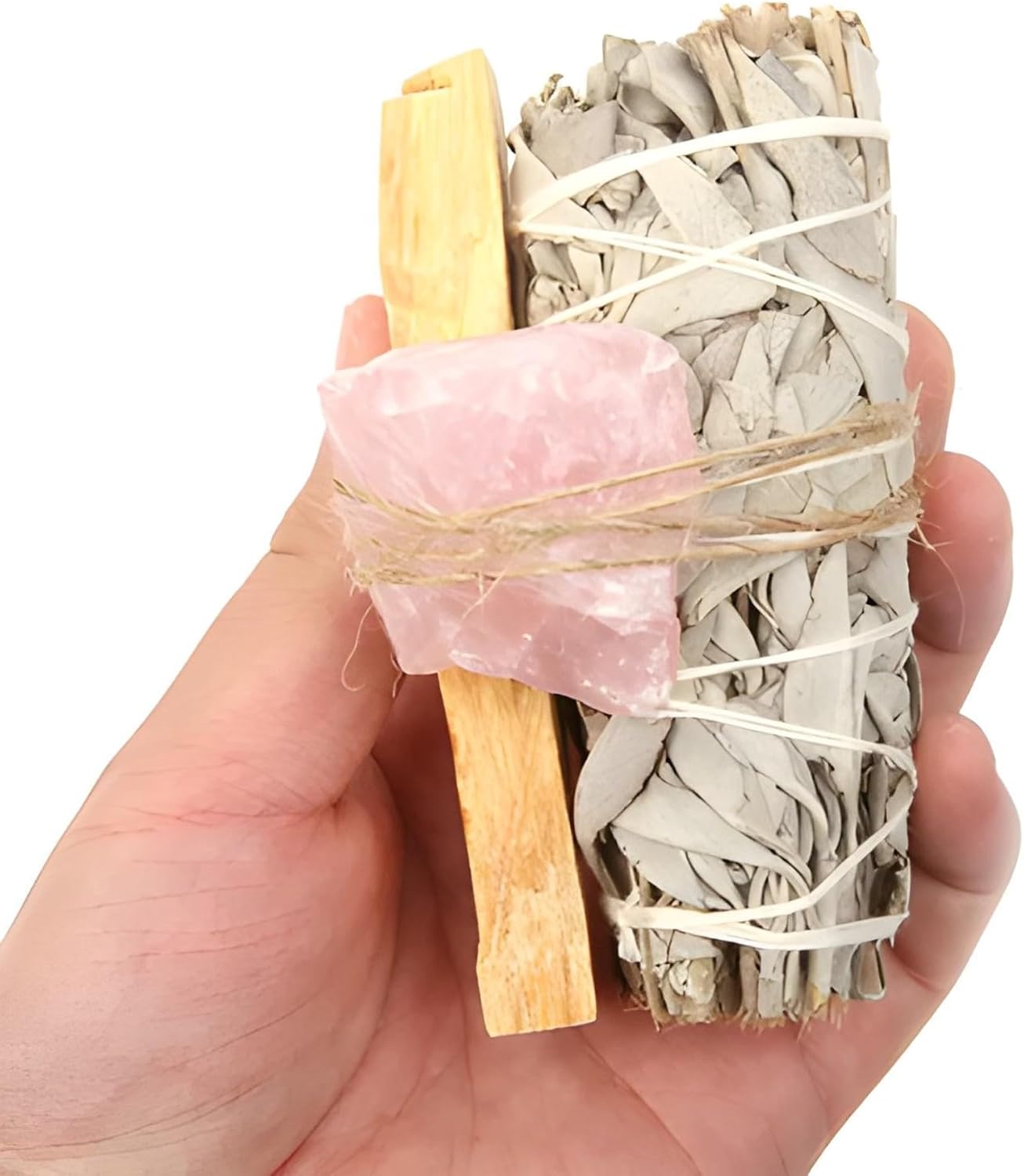 Premium California White Sage (1) & Palo Santo Smudge Sticks (1) with Healing Crystals (1) - Natural Energy Cleansing for Home.