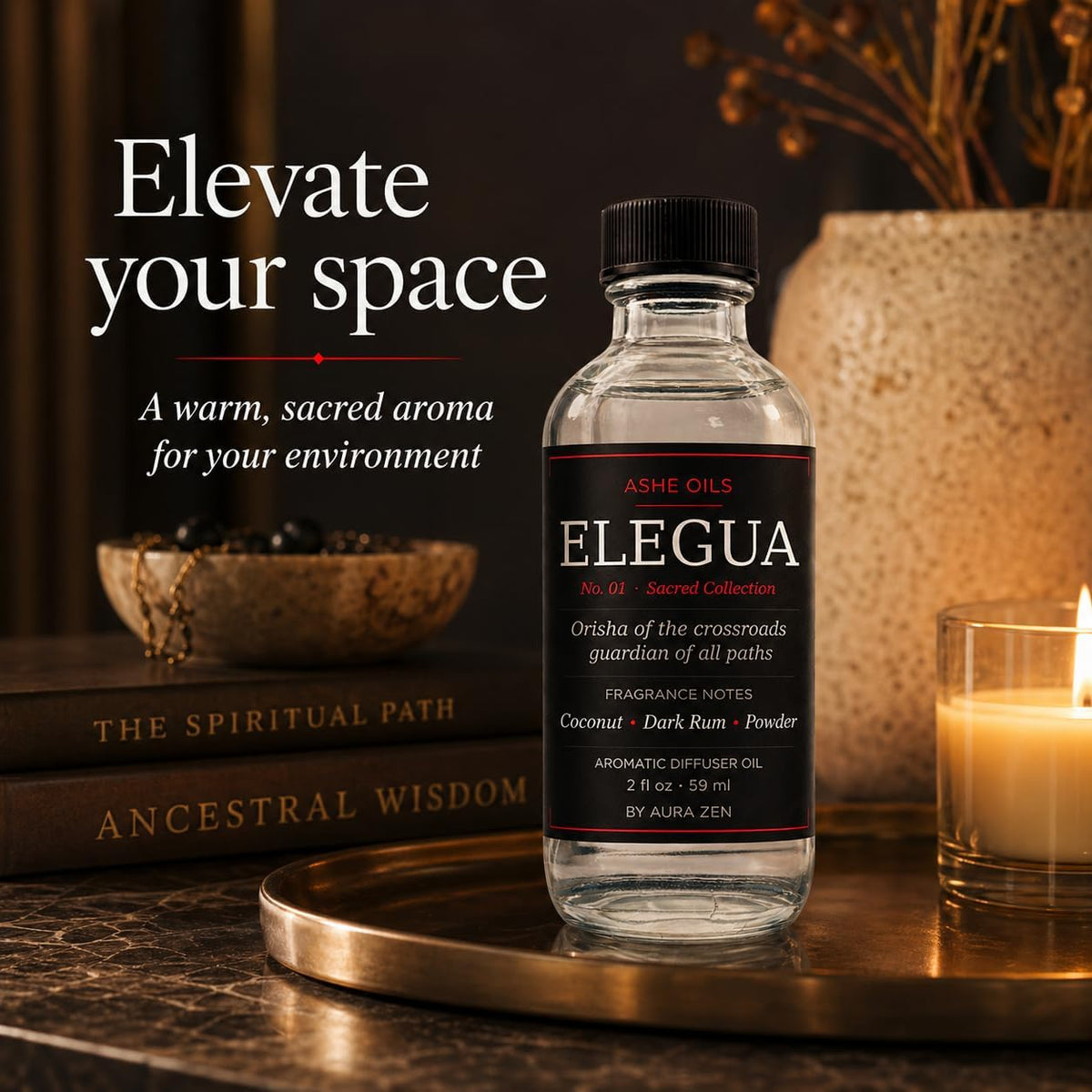 ELEGUA Aromatic Diffuser Oil, Coconut Fragrance, 2 fl oz / 59 ml, Sacred Collection Home Fragrance O