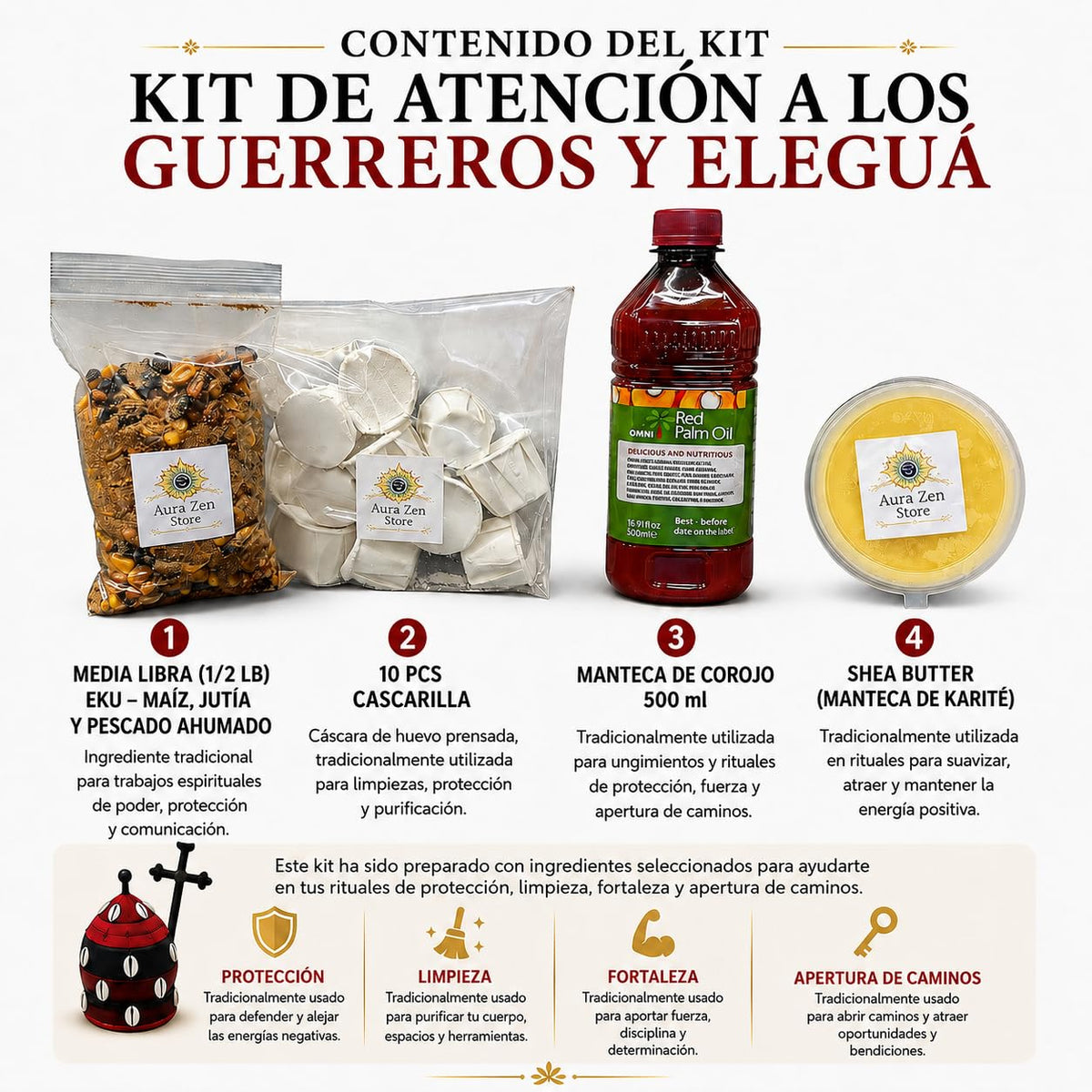 Kit Guerreros y Elegua Santeria Ifa Yoruba – Eku Maiz, Manteca de Corojo 500 ml, Cascarilla 10 pcs, 