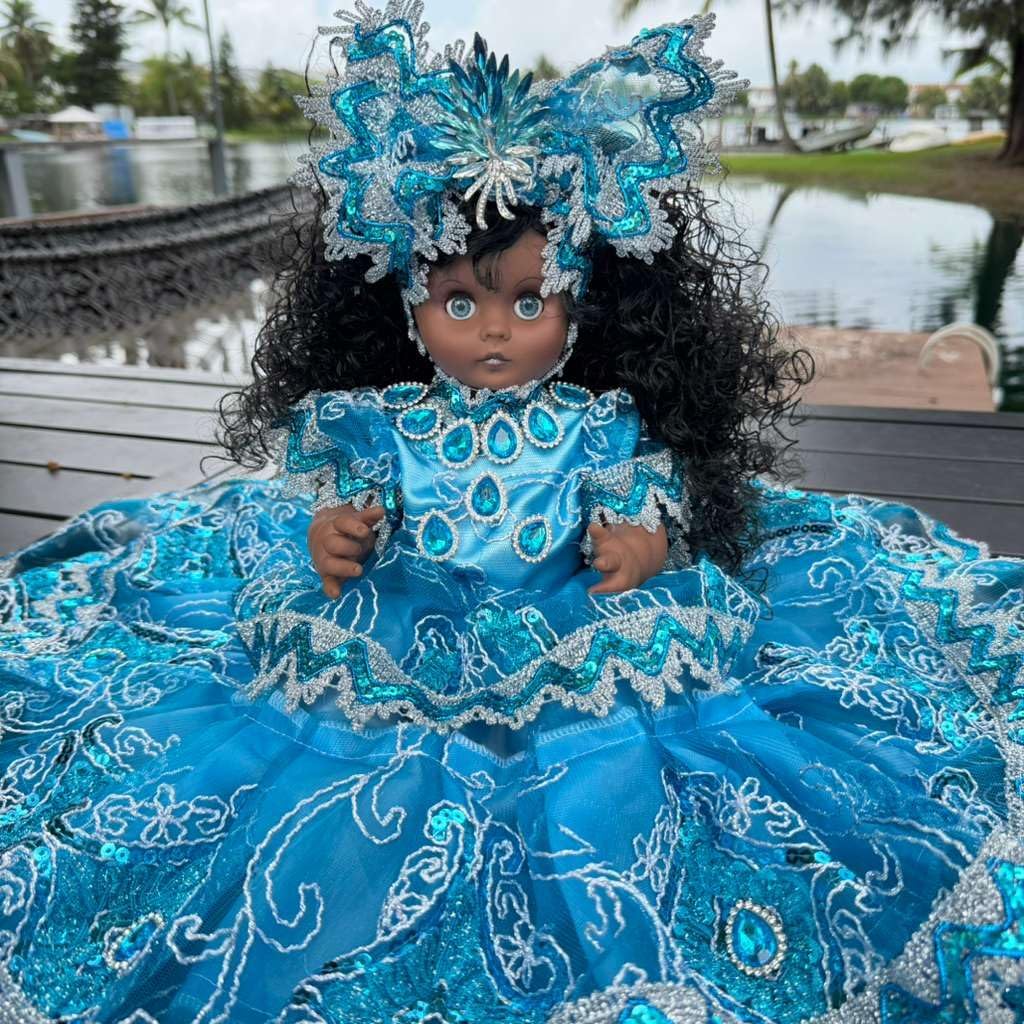 Blue Gitana Muneca Spiritual – Yoruba Altar Decor with Embroidered Dress and Decorative Headpiece