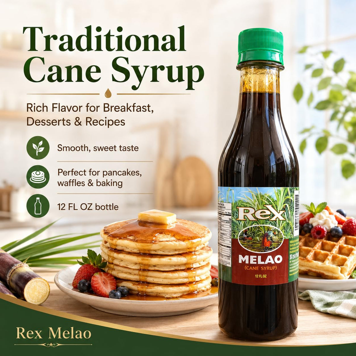 Melao Cane Syrup 12 FL OZ, Traditional Sugar Cane Syrup for Pancakes, Waffles, Coffee, Tea, Desserts