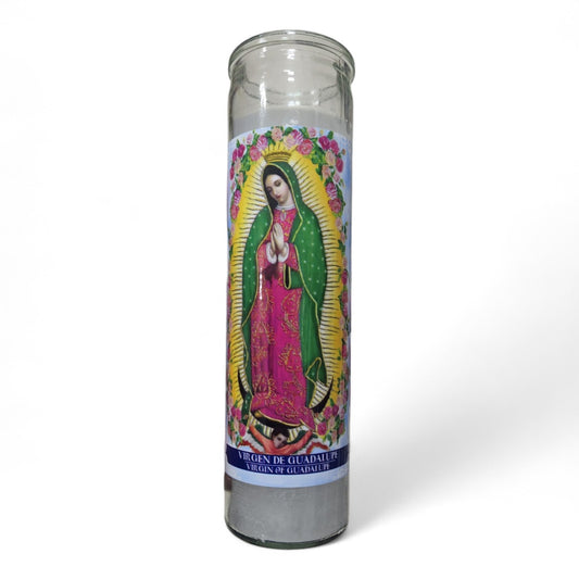 Prayer Candle 7 Day Virgin of Guadalupe 8" Vela de Virgen de Guadalupe Unscented Pillar Candle in Glass