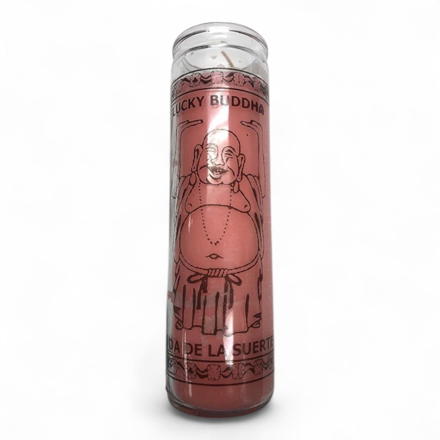 Prayer Candle 7 Lucky Buddha 8" Vela de Buda de la Suerte Unscented Pillar Candle in Glass