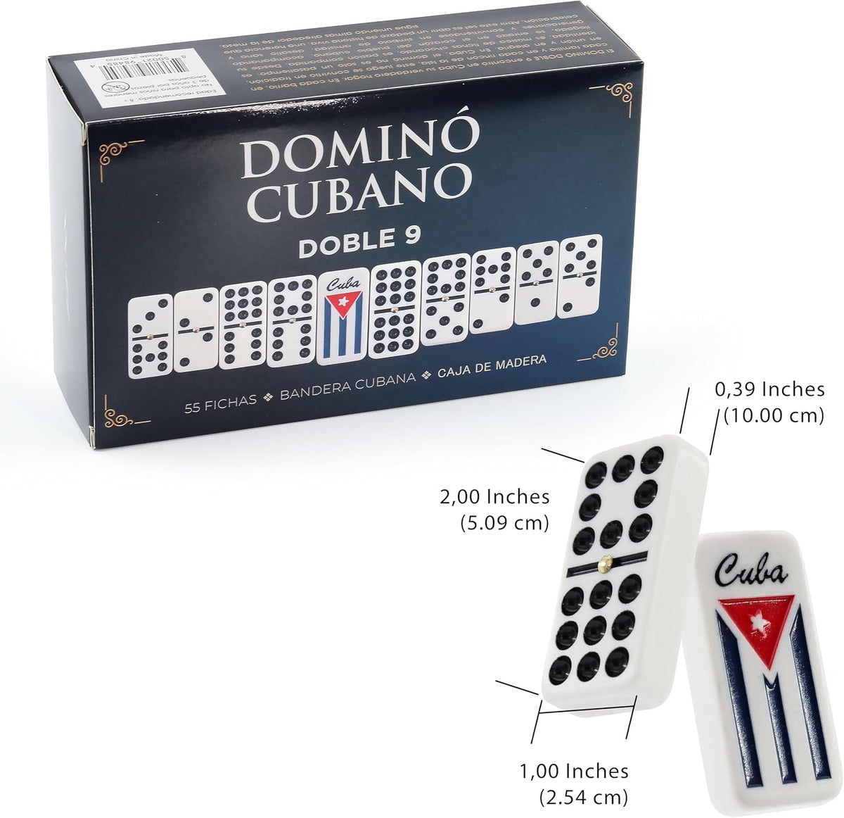 Domino Cubano Doble Nueve Cuban Dominoes Double Nine with Cuban Flag on Chips