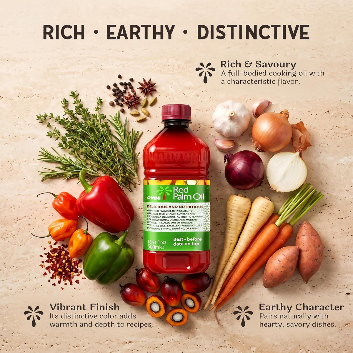 Omni Red Palm Oil 500ml (16.9 fl oz) – Authentic Red Palm Oil – Unrefined, Rich Color & Traditional 