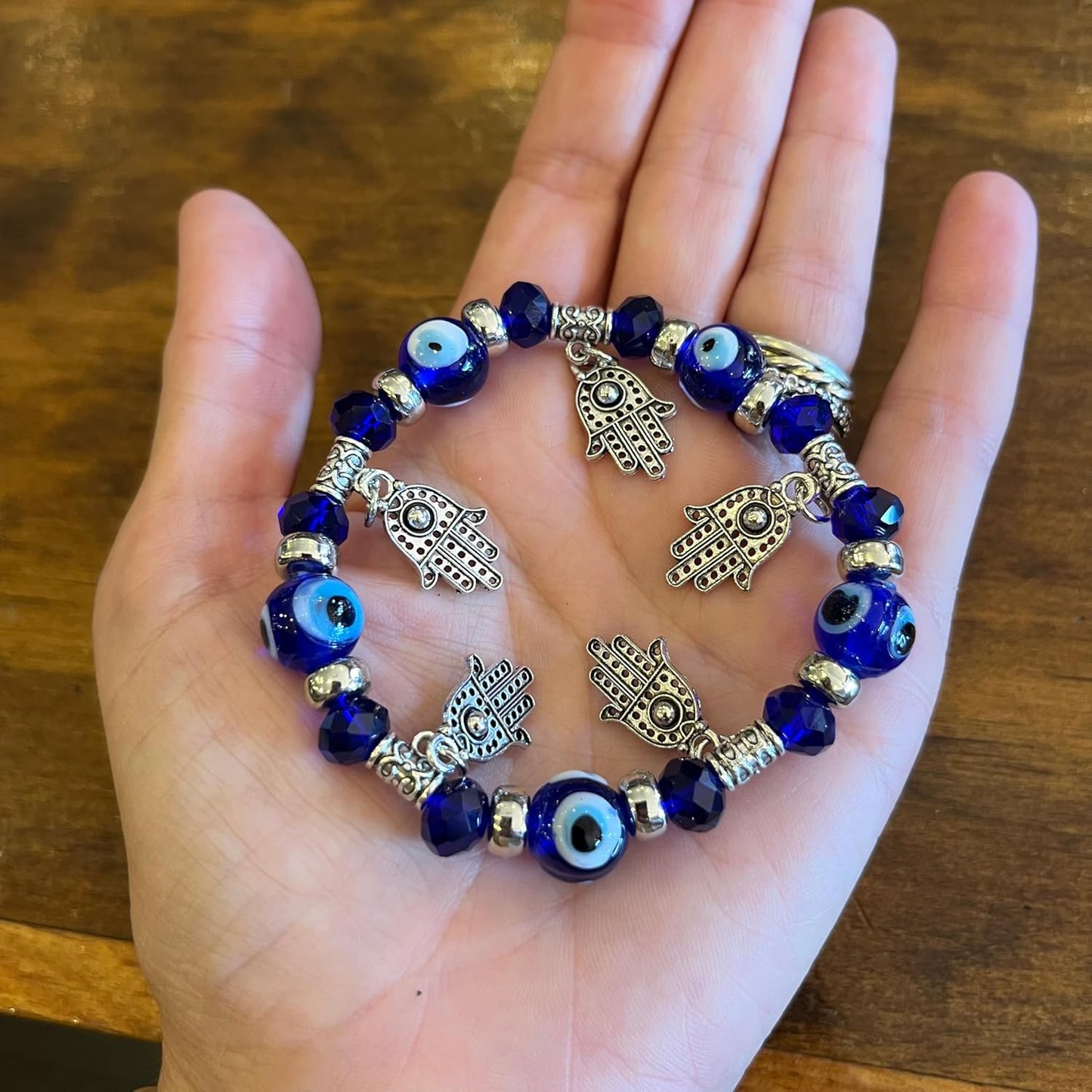 8mm Evil Eye Hamsa Hand Protection Bracelet - Blue Beads & Silver Charms