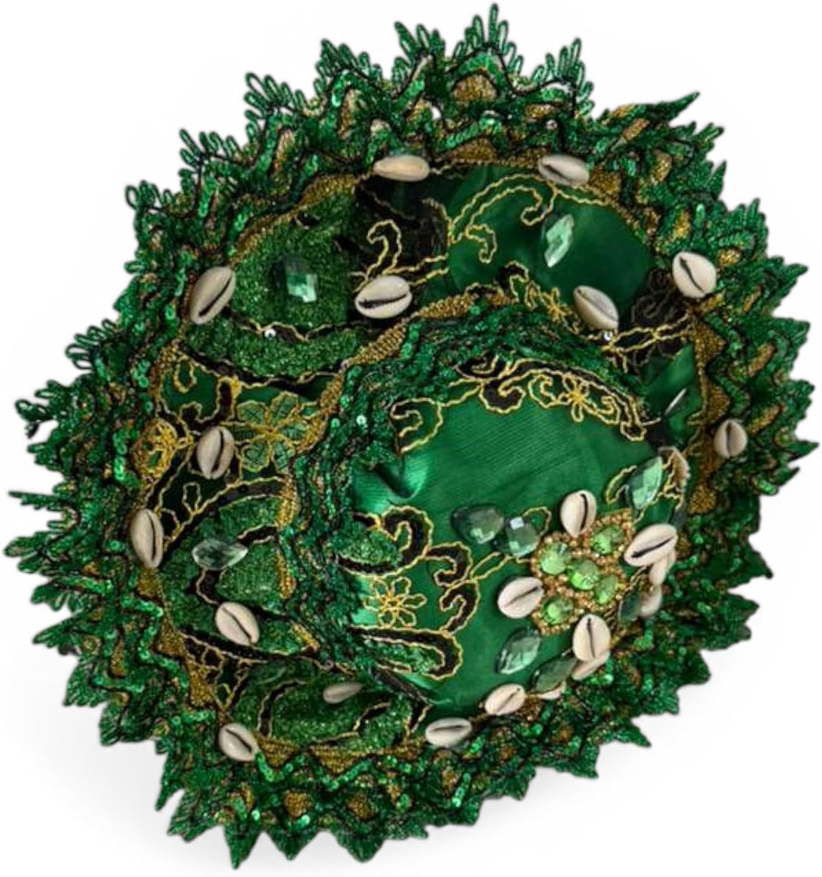 Sombrero de Ogun Santeria - Handmade Green Orisha Hat with Cowrie Shells, Yoruba Spiritual Ritual He