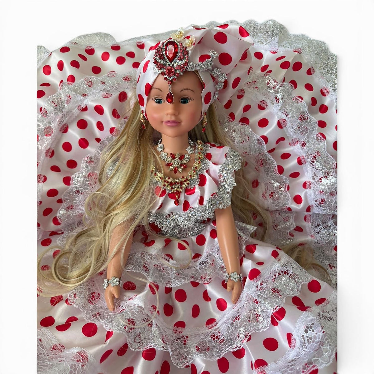 26 Inch Gypsy Santeria Gitana, Spiritual Gitana with Red Polka Dot Dress, Religious Altar for Botáni