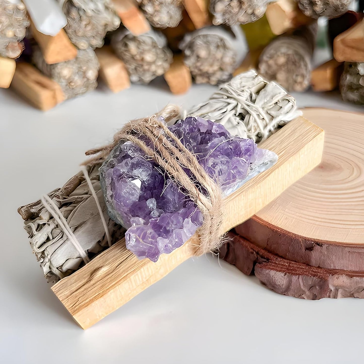 Premium California White Sage (1) & Palo Santo Smudge Sticks (1) with Healing Crystals (1) - Natural Energy Cleansing for Home.