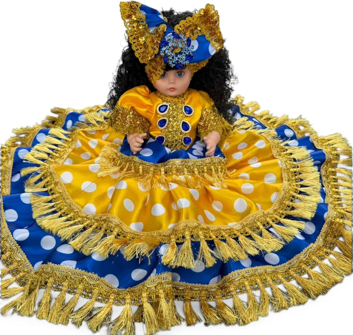 Yellow and Blue Gitana Muneca Spiritual – Yoruba Altar Decor with Gold Fringe Dress and Decorative H