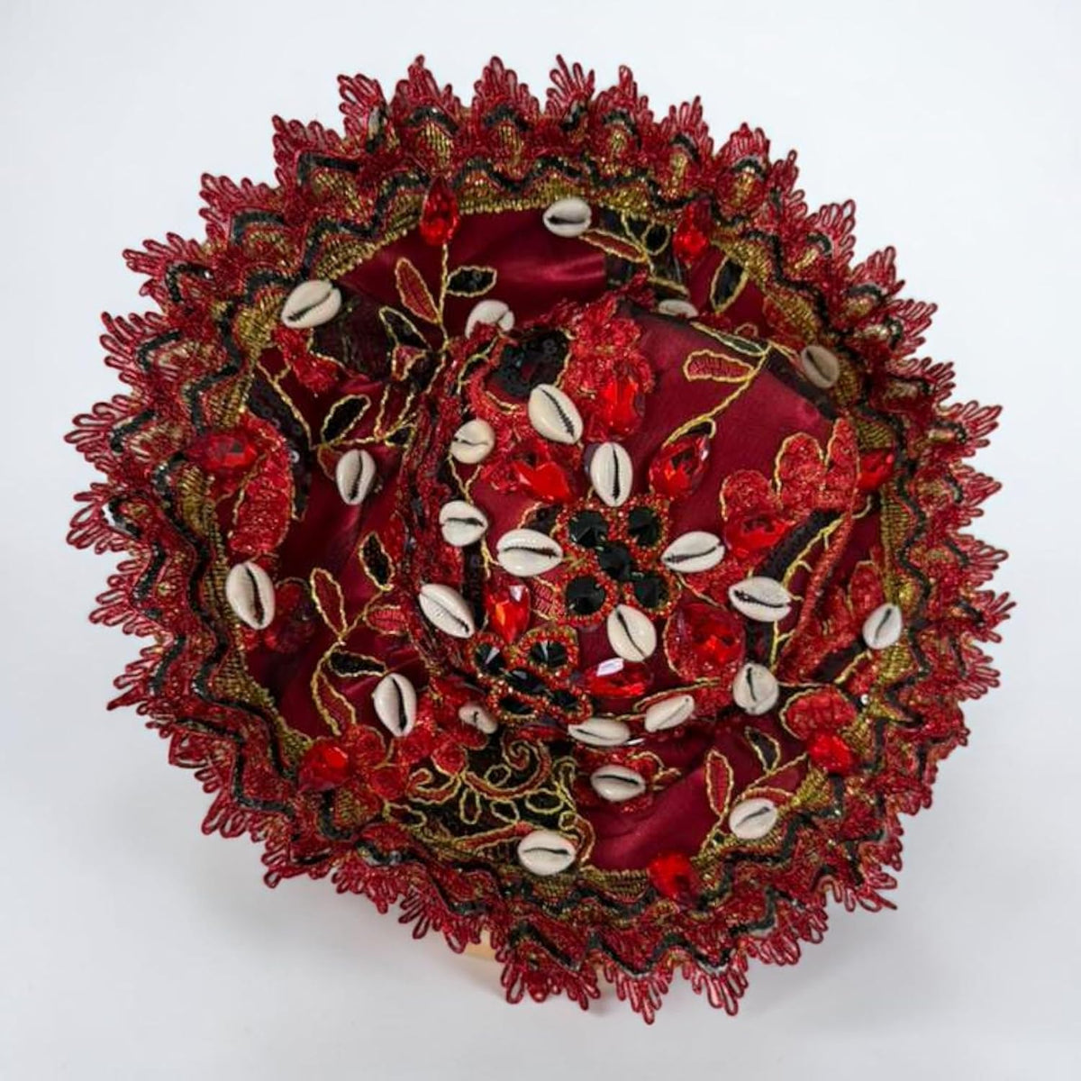 Sombrero de Elegua Santeria - Handmade Red Black Orisha Hat with Cowrie Shells, Yoruba Spiritual Rit