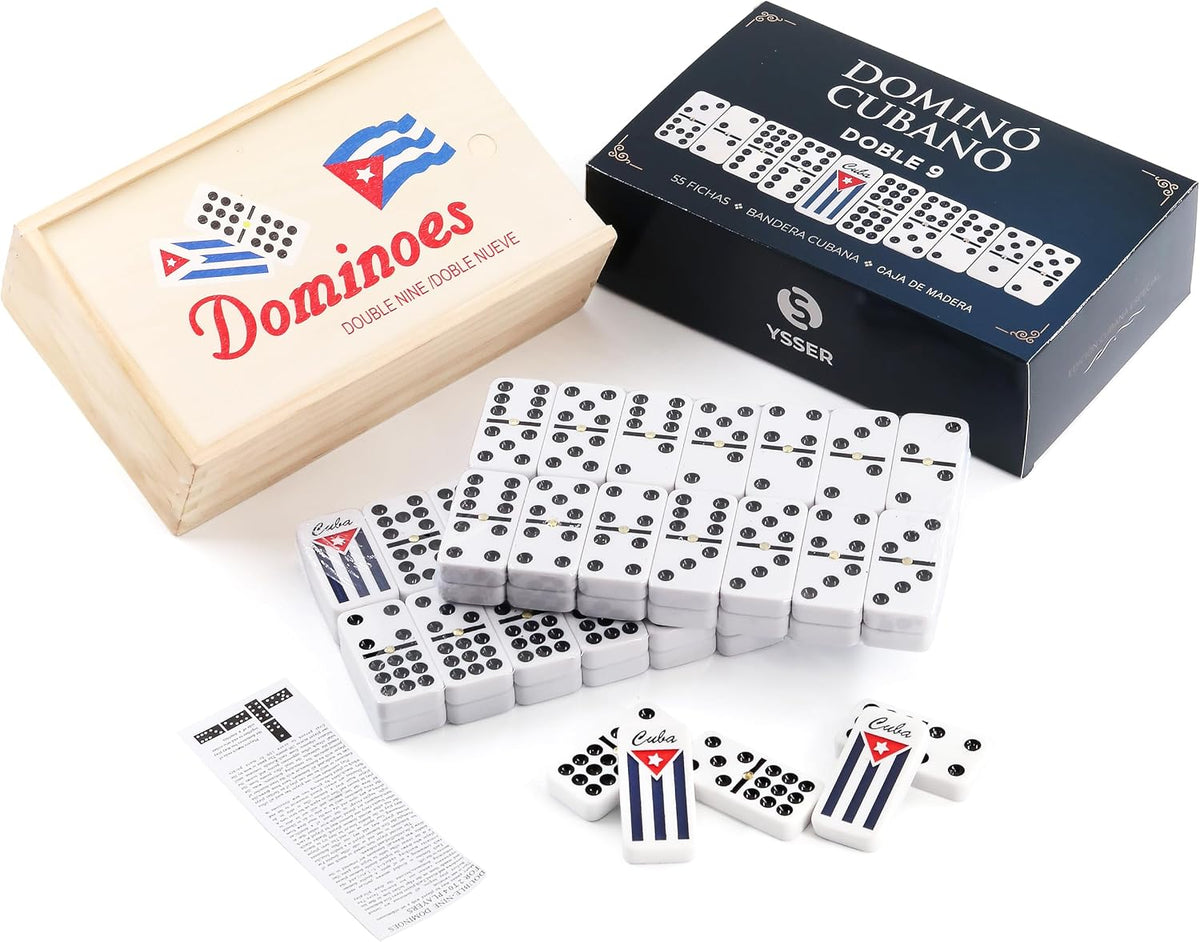 Domino Cubano Doble Nueve Cuban Dominoes Double Nine with Cuban Flag on Chips
