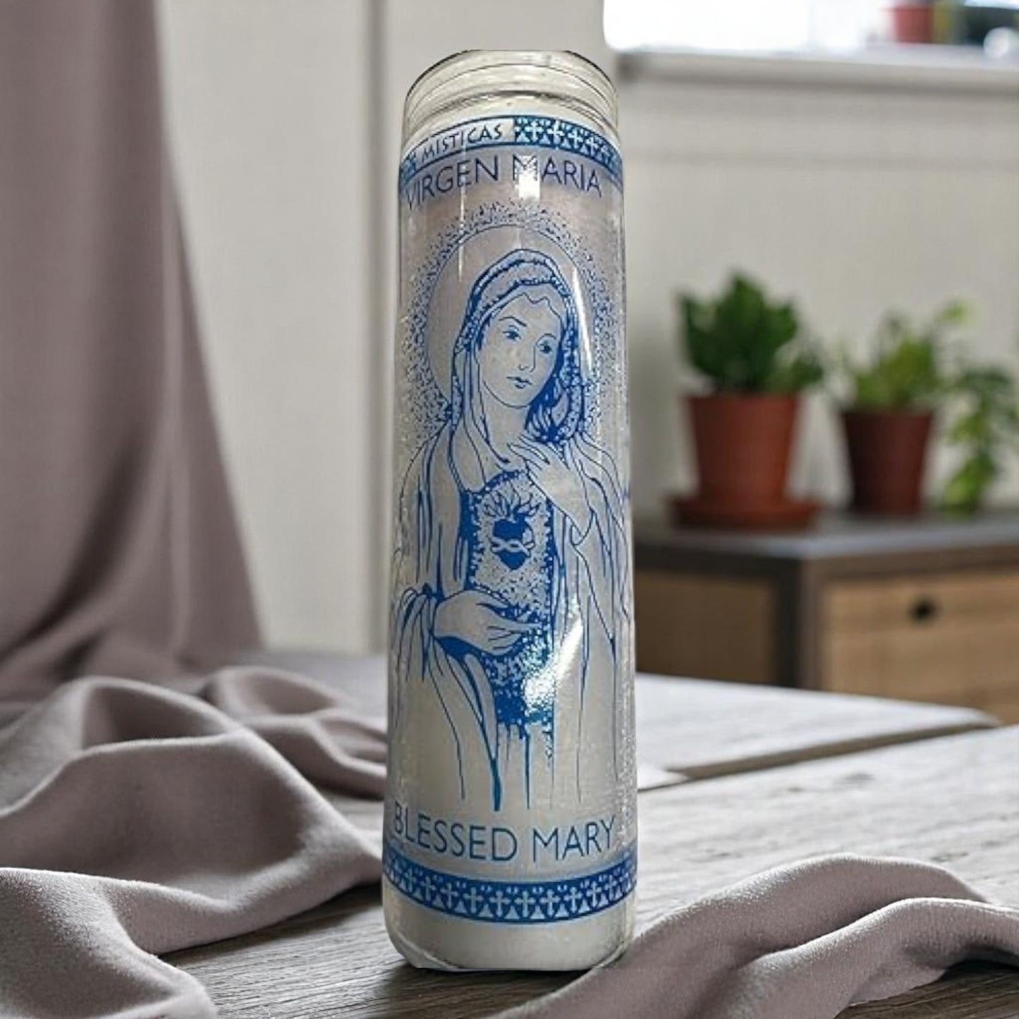 Prayer Candle 7 Day Our Lady Mary 8" Virgen María Unscented Pillar Candle in Glass