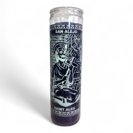 Prayer Candle 7 Day Saint Alex 8" San Alejo Unscented Pillar Candle in Glass