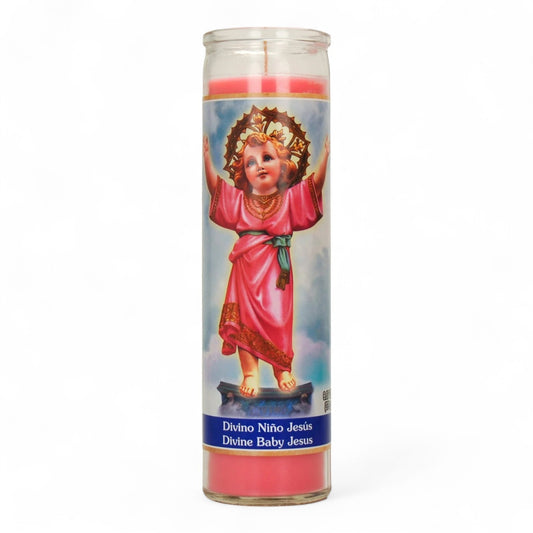 Prayer Candle 7 Day Divine Baby Jesús 8" Vela de Divino Niño de Jesús Unscented Pillar Candle in Glass