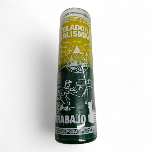 Prayer Candle 7 Day Talisman of Work 8" Talisman del Trabajo Unscented Pillar Candle in Glass