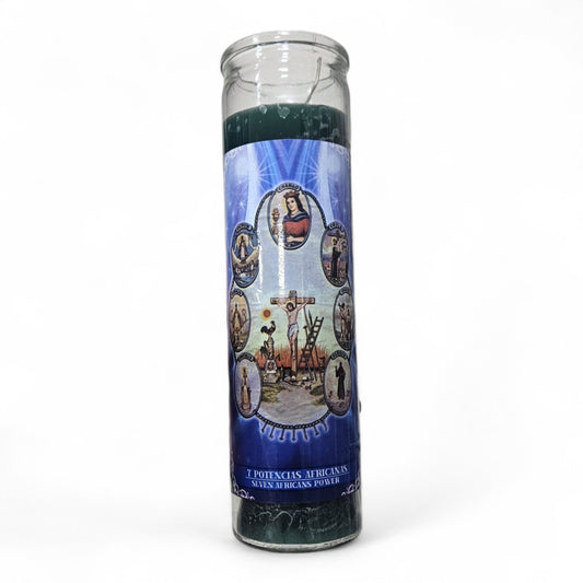 Prayer Candle 7 Day Seven American Powers 8" Vela de Siete Potencias Africanas Unscented Pillar Candle in Glass