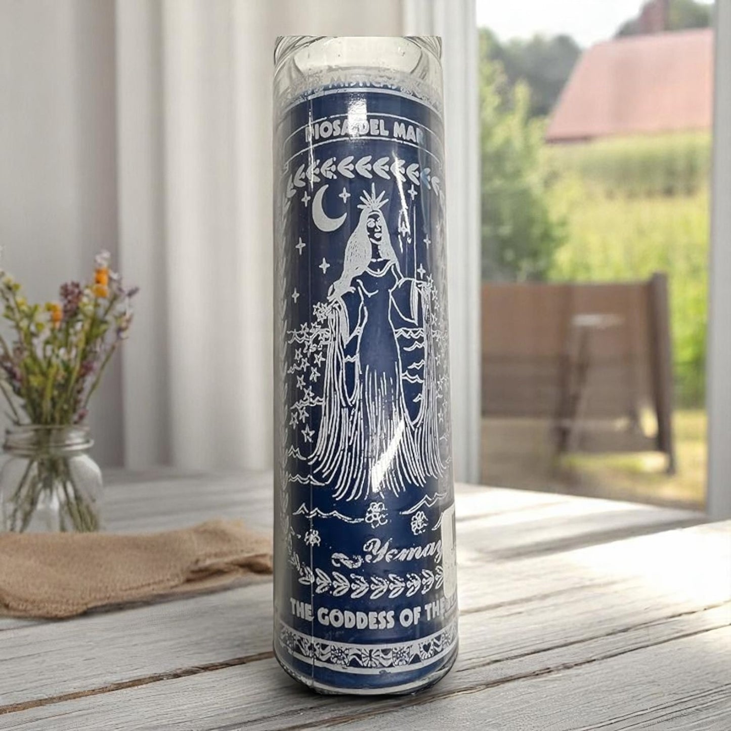 Prayer Candle 7 Day Yemaya 8" La Diosa del Mar Unscented Pillar Candle in Glass