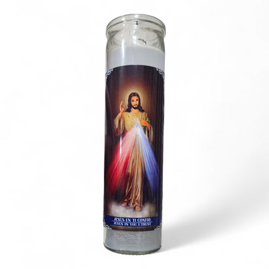 Prayer Candle 7 Day Jesús in You I Trust 8" Vela de Jesus en ti Confío Unscented Pillar Candle in Glass