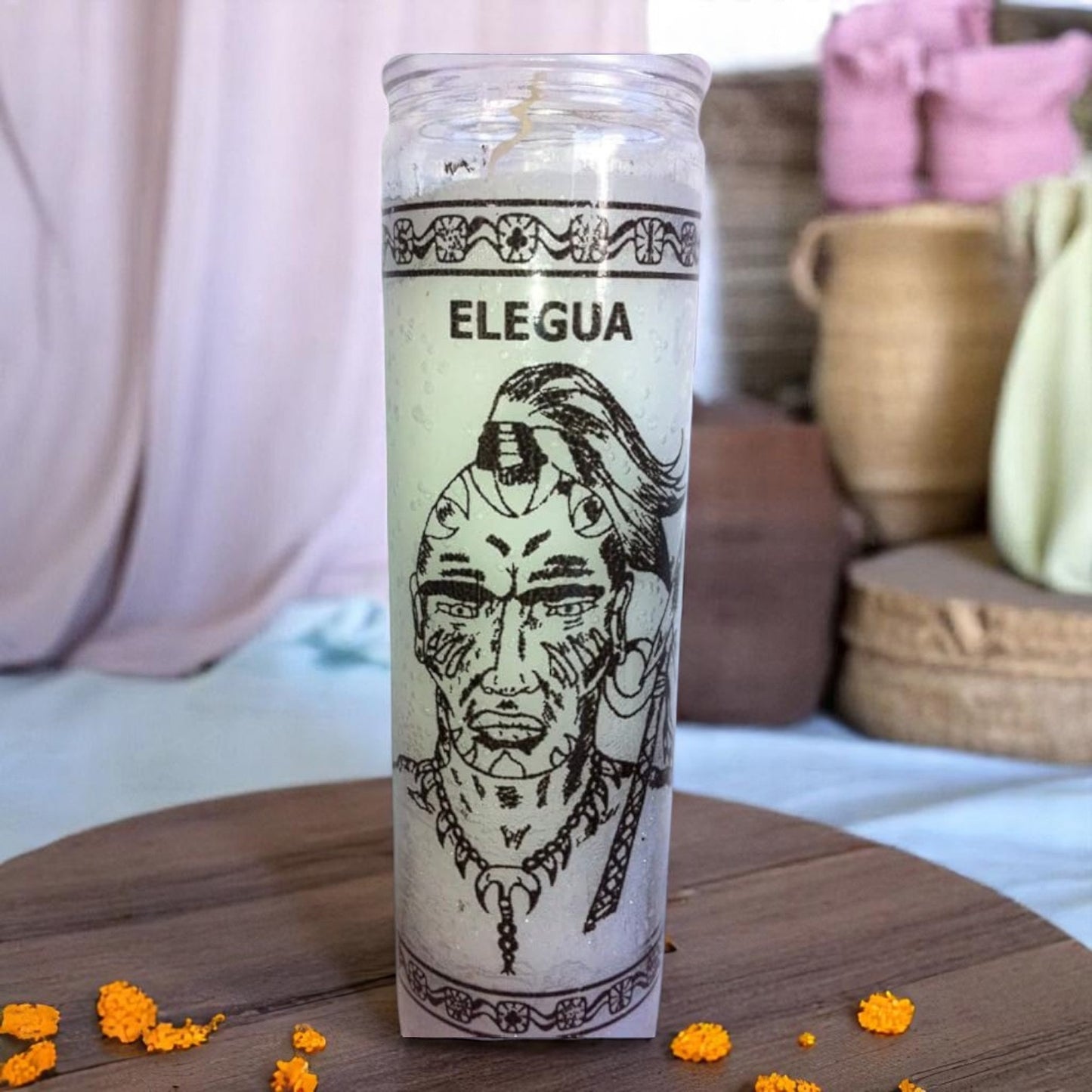 Prayer Elegua Candle 7 Day Elegua 8" Inch Unscented Pillar Candle in Glass