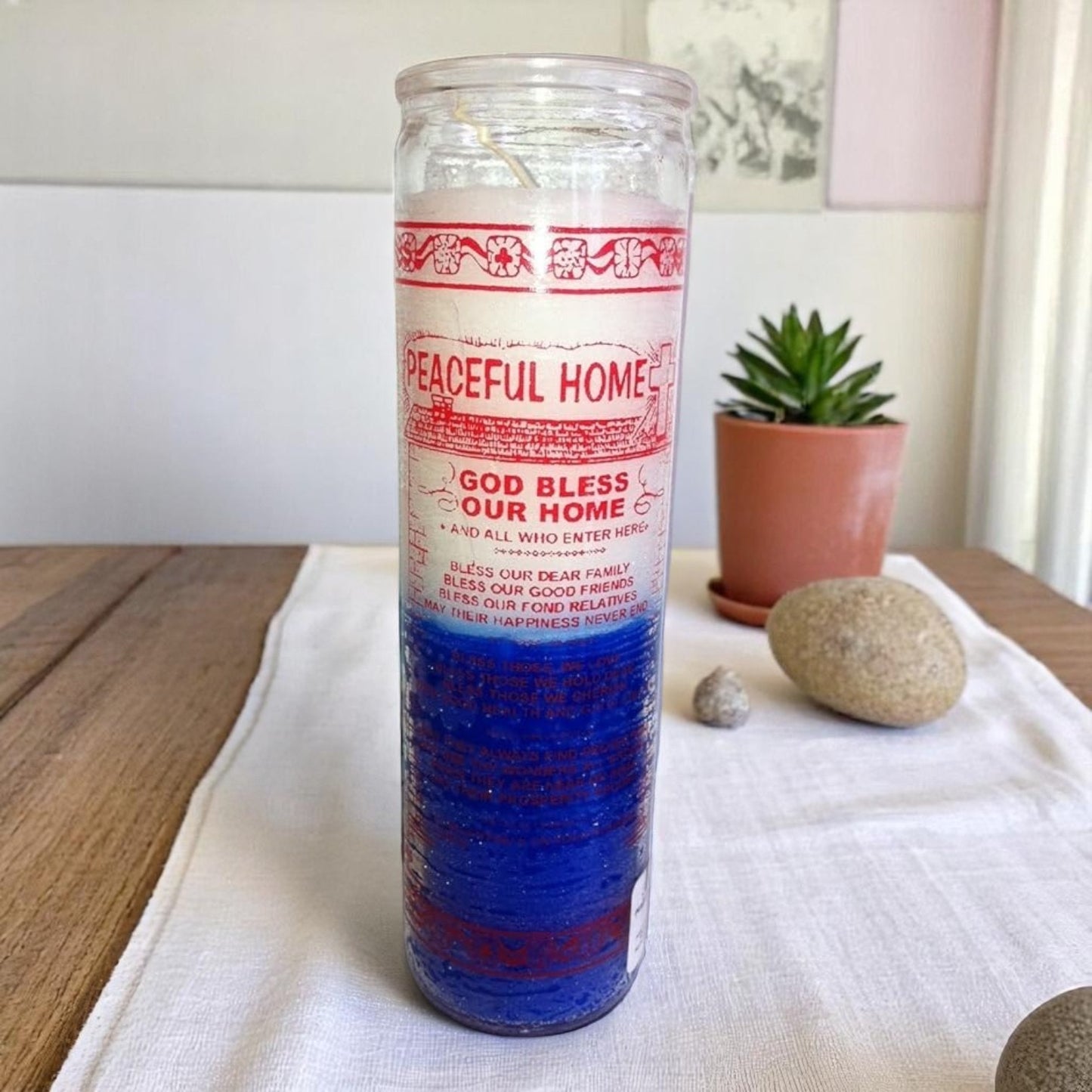 Prayer Candle 7 Day Peaceful Home 8" Hogar Tranquilo Unscented Pillar Candle in Glass
