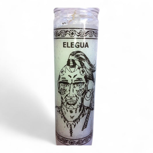 Prayer Elegua Candle 7 Day Elegua 8" Inch Unscented Pillar Candle in Glass